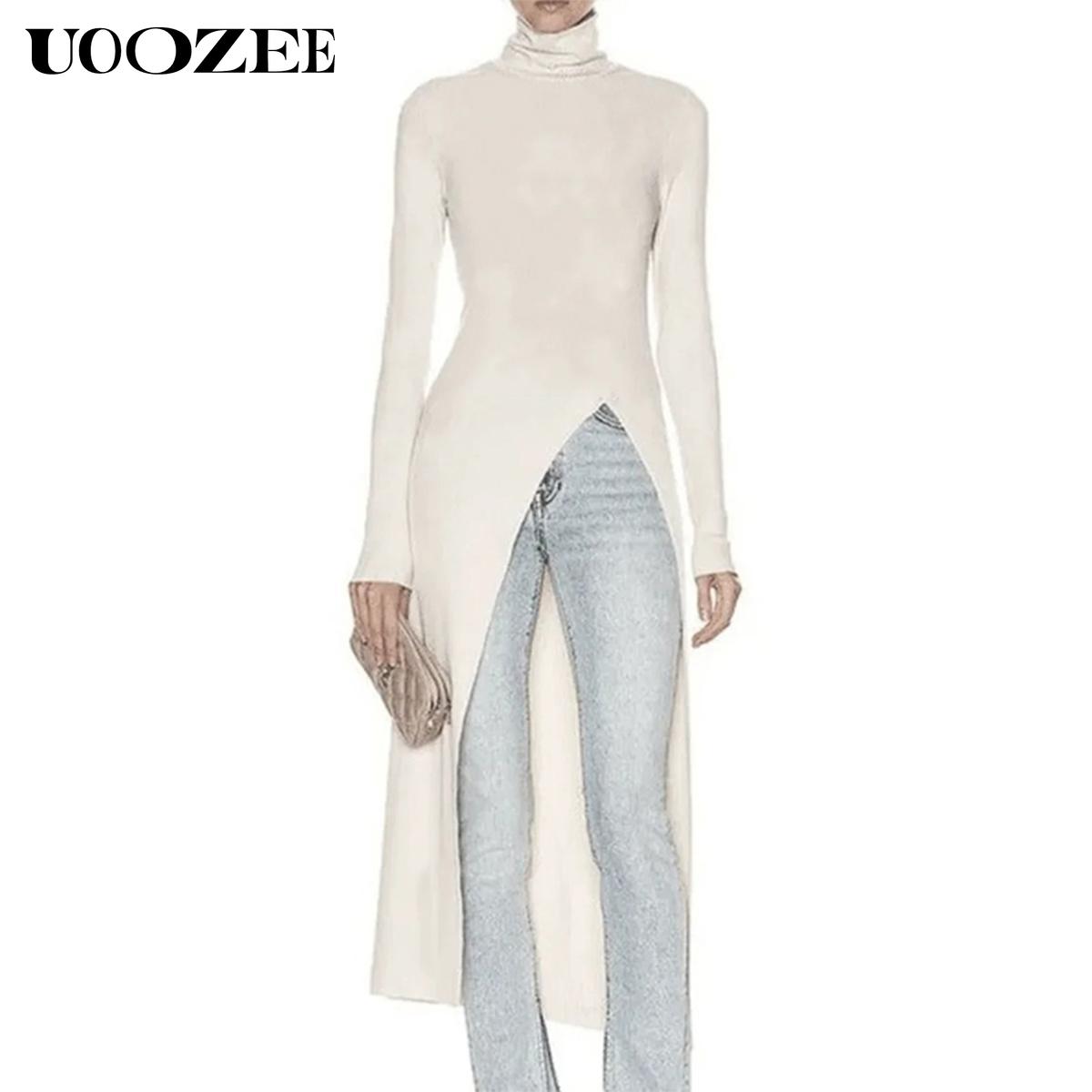 UOOZEE Women's simple tight solid color split high collar long sleeve knitted top, elegant casual, with a strong sense of design, elastic and comfortable fabric, suitable for daily leisure and commuting fall clothing women office outfits