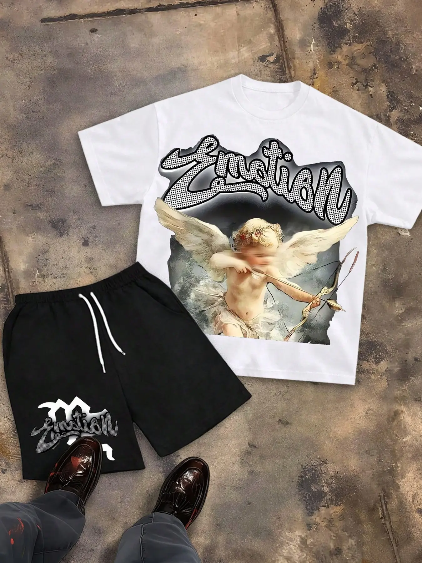 Y2K Retro Cupid Angel Oil Painting + Emotion Graffiti Print Men's Two-Piece Set, Loose-Fit Sleeveless T-Shirt & Drawstring Shorts, Gothic Streetwear