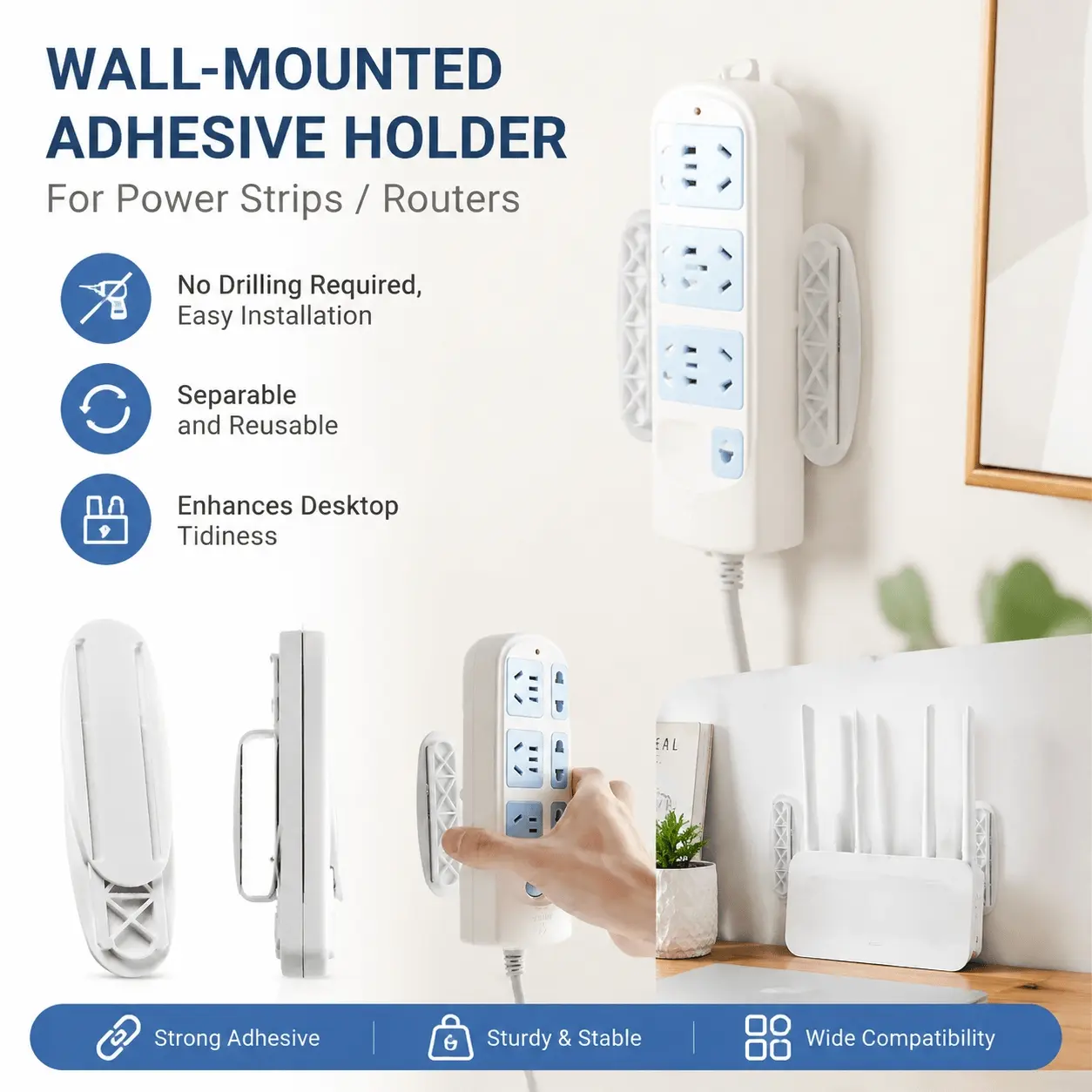 Wall-Mount Power Strip Holder 2-Pack, Self-Adhesive Anti-Slip Outlet Organizer, No-Drill Rustproof Cable Management for Router & Home Office