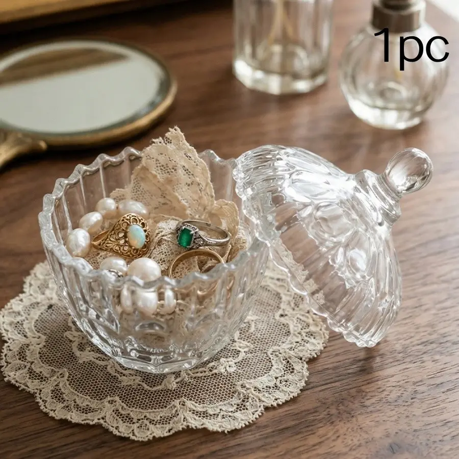 Luxury Transparent Crystal Embossed Glass Storage Jar, Containers, Jewelry Box Ornament, Home Bedroom Decorative Item, Elegant Design