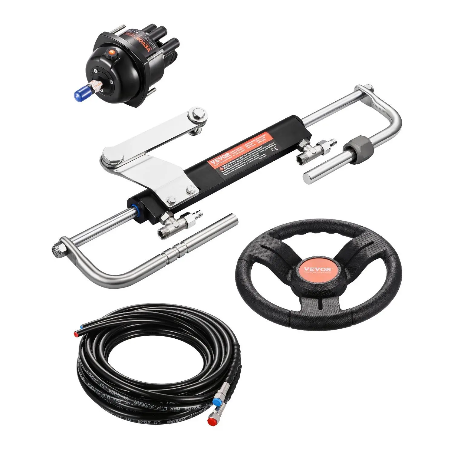 【Summerfinds】VEVOR 90HP Hydraulic Outboard Steering Kit, Marine Boat Hydraulic Steering System with 13.5-inch Steering Wheel, Helm Pump, Hydraulic Cylinder & 2PCS 26FT Hoses for Single Station Single-Engine Boats