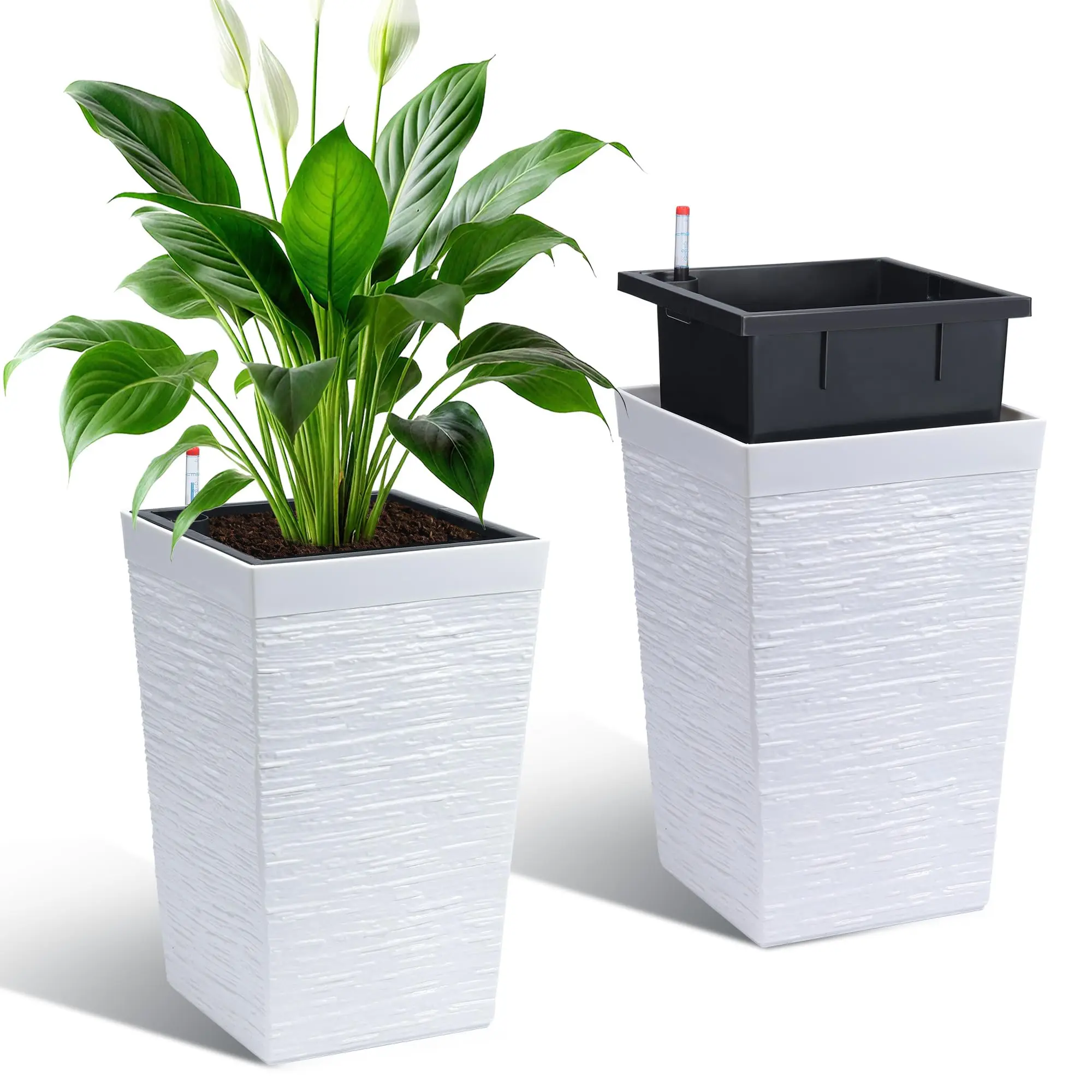 16" Tall Planters Set of 2, Self Watering Tall Planters, Outdoor＆Indoor Planter Pots, High Front Porch Planters Pots with Drainage Holes＆Water Level Monitor