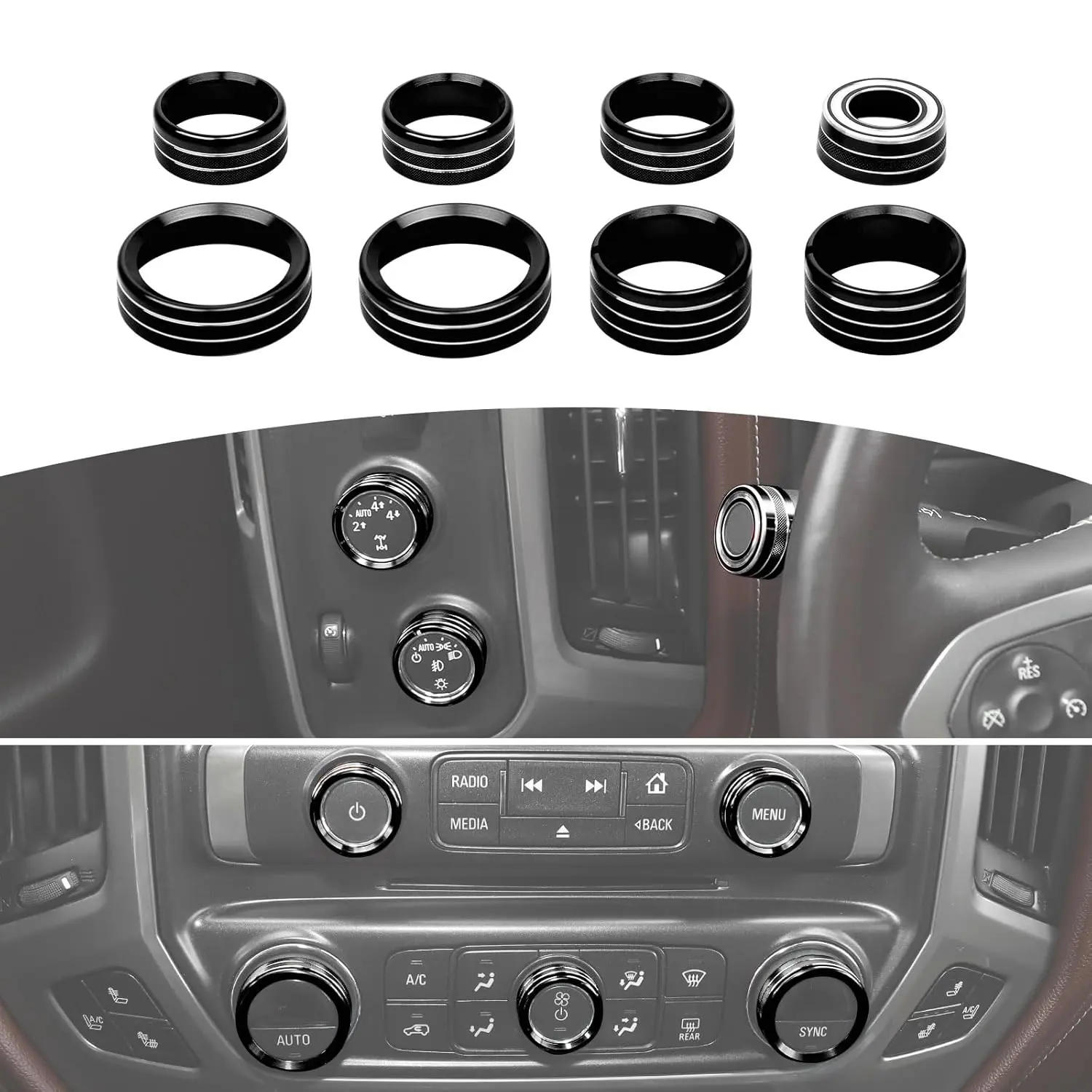 Silverado Radio AC Control Knobs Cover Trim Rings Black for Chevy Silverado Suburban GMC Sierra 2014-2018 Black Interior Accessories 8pcs