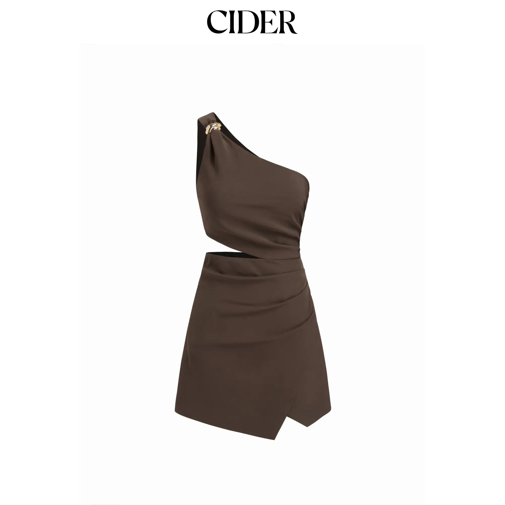 Cider Asymmetrical Neck Metal Detail Cut Out Ruched Mini Dress