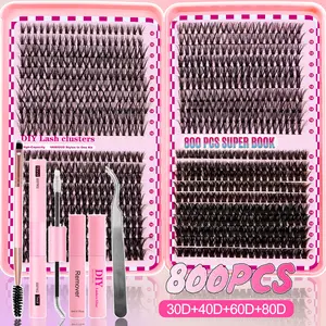 800 Cluster False Lashes, 10-16mm Mixed Length, Reusable DIY Lash Extension Kit, Soft Comfortable, Includes Adhesive and Tools