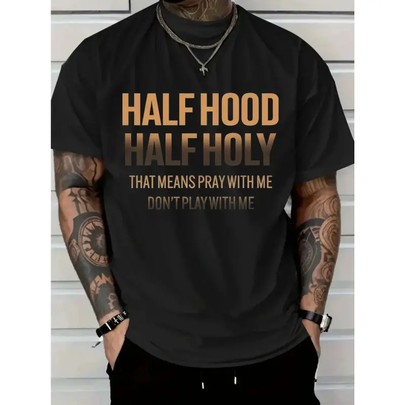 Men's "Half Hood Half Holy Pray with Me Don't Play with Me" Graphic T-Shirt - White with Bold Brown Lettering, Urban Streetwear Statement Tee, 100% Cotton Short Sleeve Round Neck Casual Shirt, All-Season Comfort, Machine Washable, Bold Christian Faith App