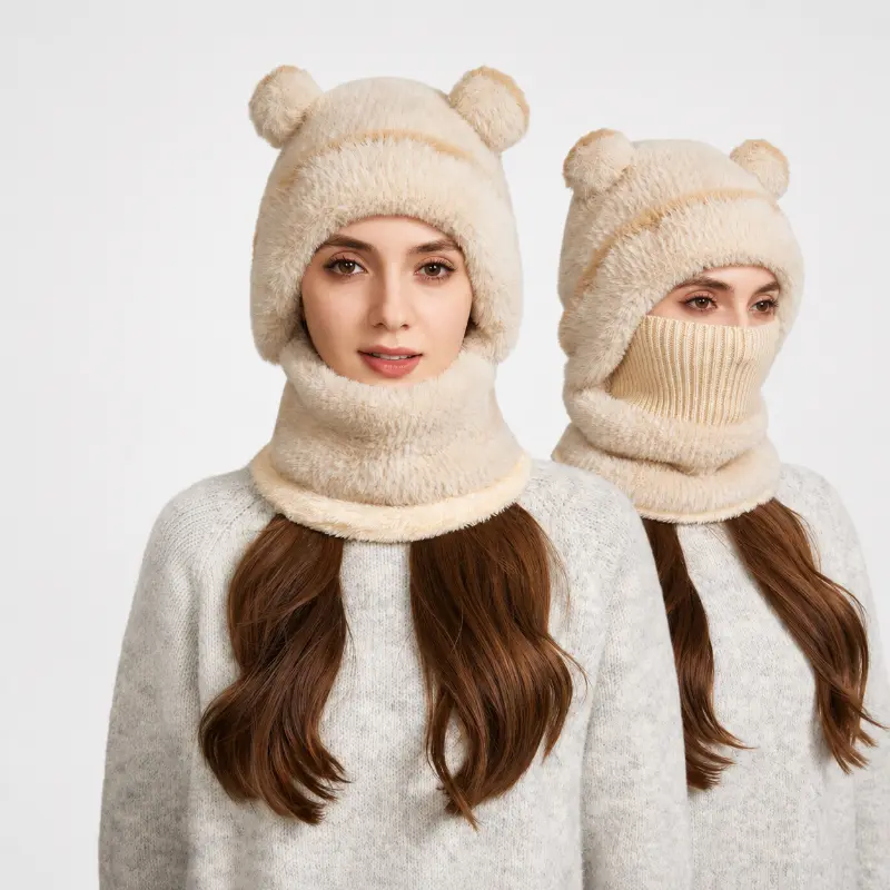 Women's Cartoon 3-in-1 Bear Ear Balaclava - 1-Size Polyester Thermal Knit Hat, Warm Fleece Windproof Face Cover Neck Warmer, Heat Insulating Cold Weather Ski Snowboarding Headwear, Cream Kawaii Christmas Gift, One-Size
