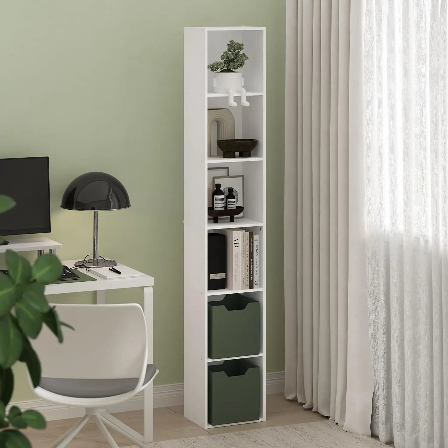 Plain White Rectangular 6-Tier Standing Bookcase Standing Unit, Open Storage Shelf, 9.4x12x71 In, for Home Office, Living Room