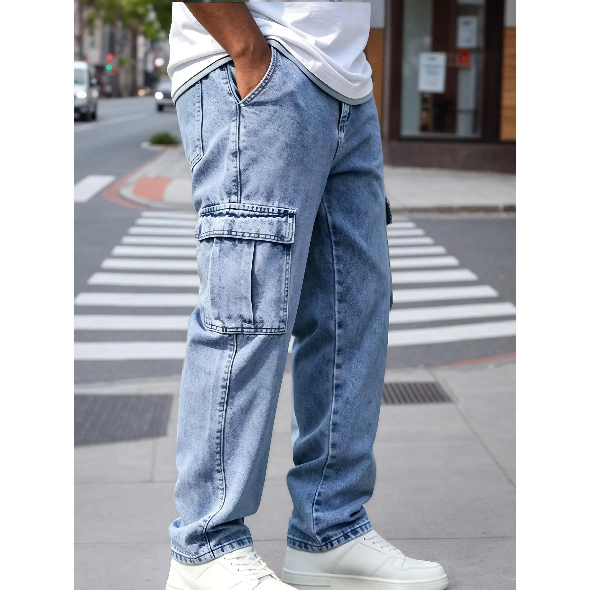 Men's Loose Casual Straight-Leg Pockets Cargo Jeans - Heavy Washed Classic Western Vintage Blue Menswear, Heavyweight Denim Pants, Multi-Pocket Plain Denim Trousers, Versatile High Street Streetwear Bottoms, Long Pants