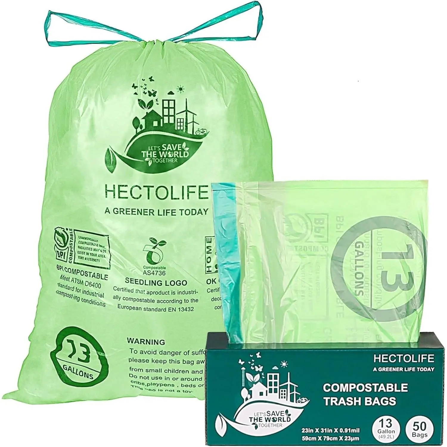 13 Gallon 50 Count Compostable Drawstring Trash Bags Tear Resistant Kitchen Food Scrap Waste Bag ASTM D6400 US BPI Europe OK Compost Home Certified