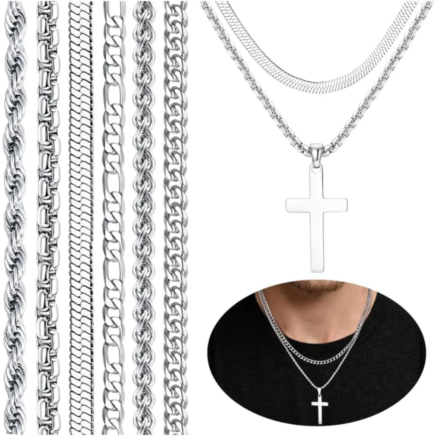 FIASASO 6PCS Silver Stainless Steel Cross Chain Layered Cuban Link Figaro Snake Box Chain Cross Pendant Necklace 18-20IN/20-22IN