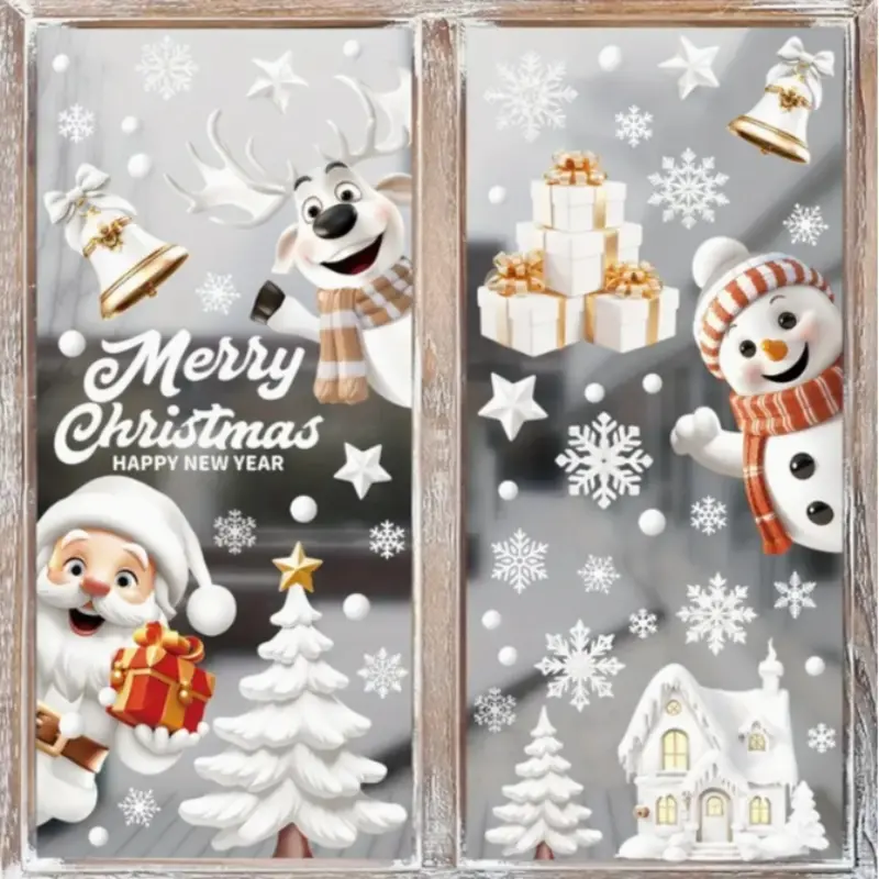 Christmas Window Cling Stickers Set, Reusable PVC Decorations with Santa Claus & Snowman Designs, Perfect for Home Office Display