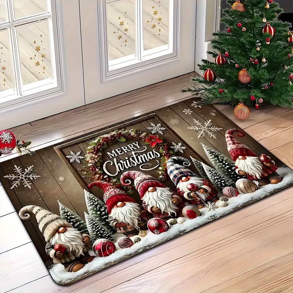Rectangular Flannel Fabric Christmas Santa Claus Door Mat with Christmas Motif, Non-Slip, Machine-Washable Entrance Area Rug for Indoors/Outdoors, Holiday Decor, Single Mat