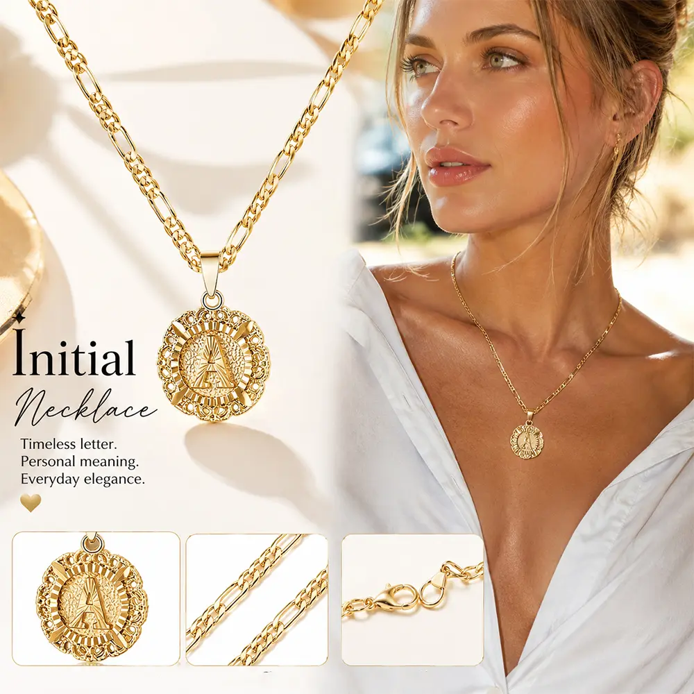 14K Gold Plated A-Z Initial Pendant Necklace For Women Men Personalized Round Letter Pendant Capital Monogram Necklace Chic Figaro Chain Trendy Couple Necklace, Daily Vacations, Party Wear, Jewelry, Holiday Gift