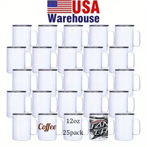25Pack USA Warehouse 12oz Sublimation Coffee Mug Blanks With Handle, Stainless Steel White with Lid and Straw, Individually Boxed, Straight Skinny Insulated Cup