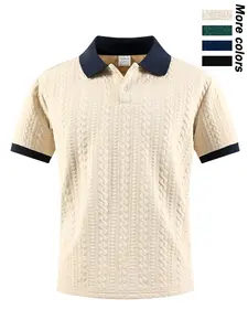 Men's Textured Knit Polo Shirt, Short Sleeve Colorblock Neck Classic Casual Golf T-Shirt, Vintage Jacquard Pattern Daily Wear Top