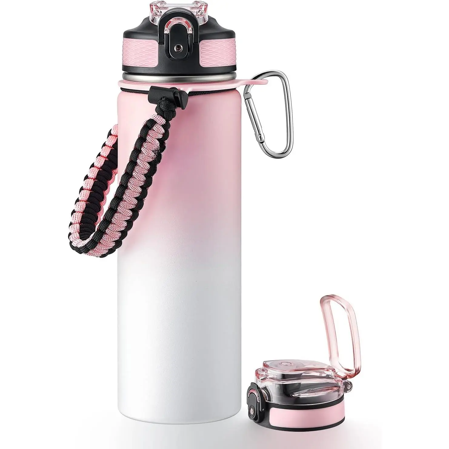 Insulated Sports Water Bottle, 24oz 2 Lids(with Straw/No Straw), Stainless Steel Water Bottles with Paracord Handle, Insulated Bottle with Double-Wall Vacuum Insulation