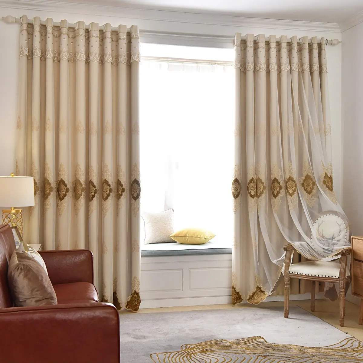 1pc Embroidered Dual-Layer Curtain, Home Decorative Curtain, Curtains and Nettings, European Style Sunblock UV Protection, UV Resistant Curtains, Ideal for Living Room Bedroom Balcony Dining Room