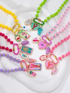 6Pcs Boho Colorful Resin Beaded Necklace with Enamel Charms & Carabiner Clasp Pendant - Dopamine Beaded Necklaces Set,  Aesthetic, Summer/Beach/Vacation Wear, Kitschy/Tropical Style