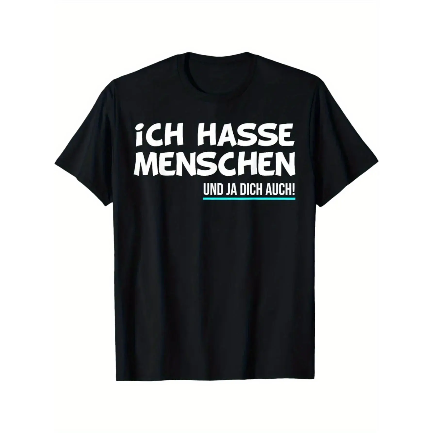 "I Hate People" T-shirt featuring German text—black base with white print displaying the German phrase and its English translation; a unisex, casual, short-sleeved crew-neck tee suitable for all seasons.