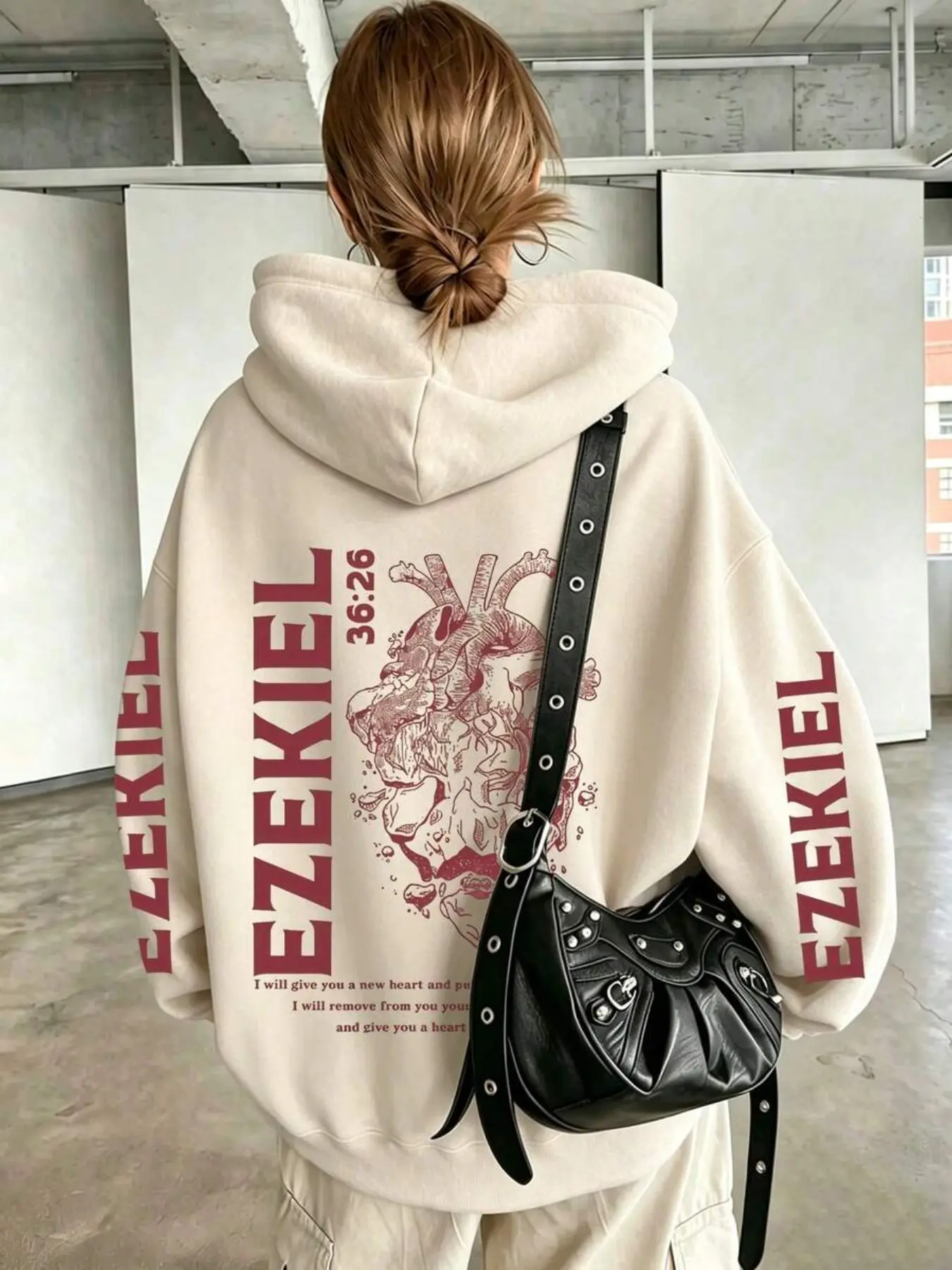 Women's Heart Pattern Hoodie, Vintage Anatomical Print, Loose-Fit Sweatshirt, Casual Fall & Winter Fashion, Back-To-School Style