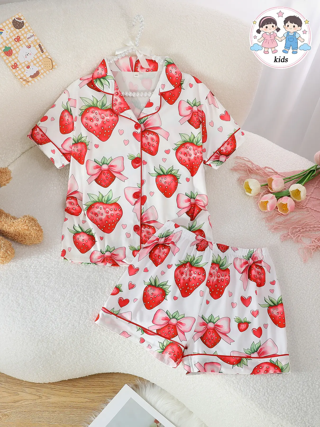 Girls' Fitted Collared Pajama Set, Short Sleeve Button-Front Top & Shorts, Cartoon Pattern Design, All-Season Wear, Casual Style, Cartoon Print Sleepwear