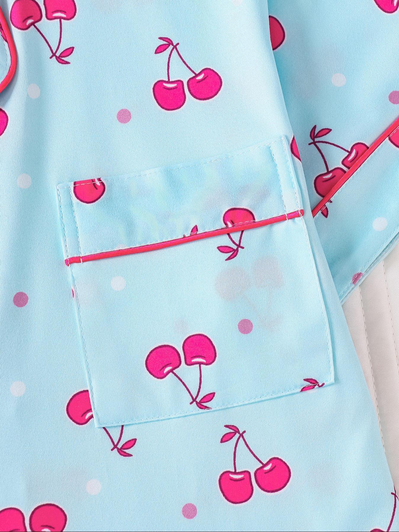 Two-piece Set Women's Cherry Print Top & Shorts Pyjama, Casual Comfy Short Sleeve Collared Top & Shorts Set, Ladies Sleepwear for Summer Pajama Set