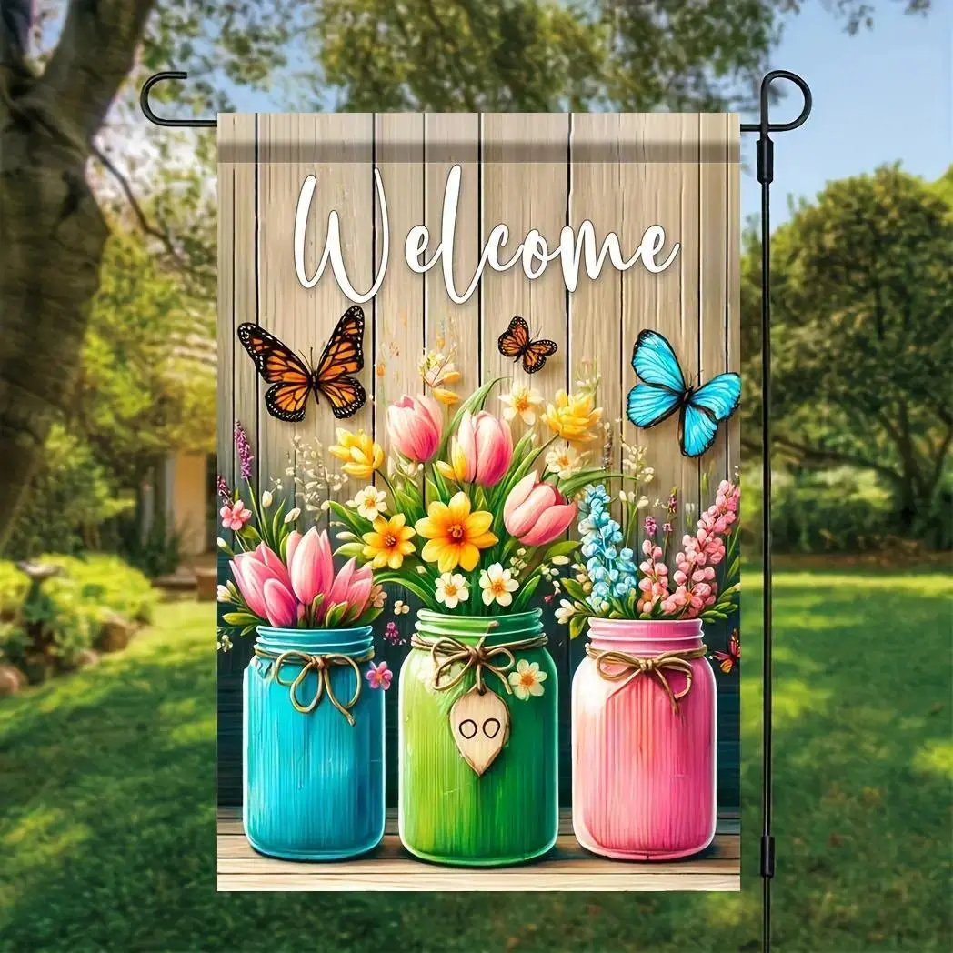 Garden Welcome Flag, Colorful Flower Pattern Double Sided Garden Flag, Courtyard Garden Outdoor Decoration Flag