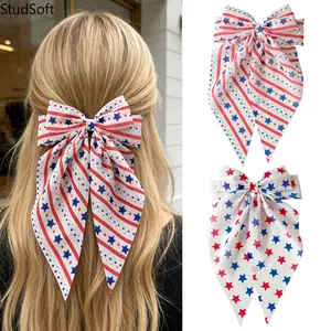 Women's 2pc Striped Star Patriotic Hair Bows, Long Ribbon Barrettes, Large Bowknot Clips, 4th of July Independence Day Accessories (Sports & Outdoor Style)