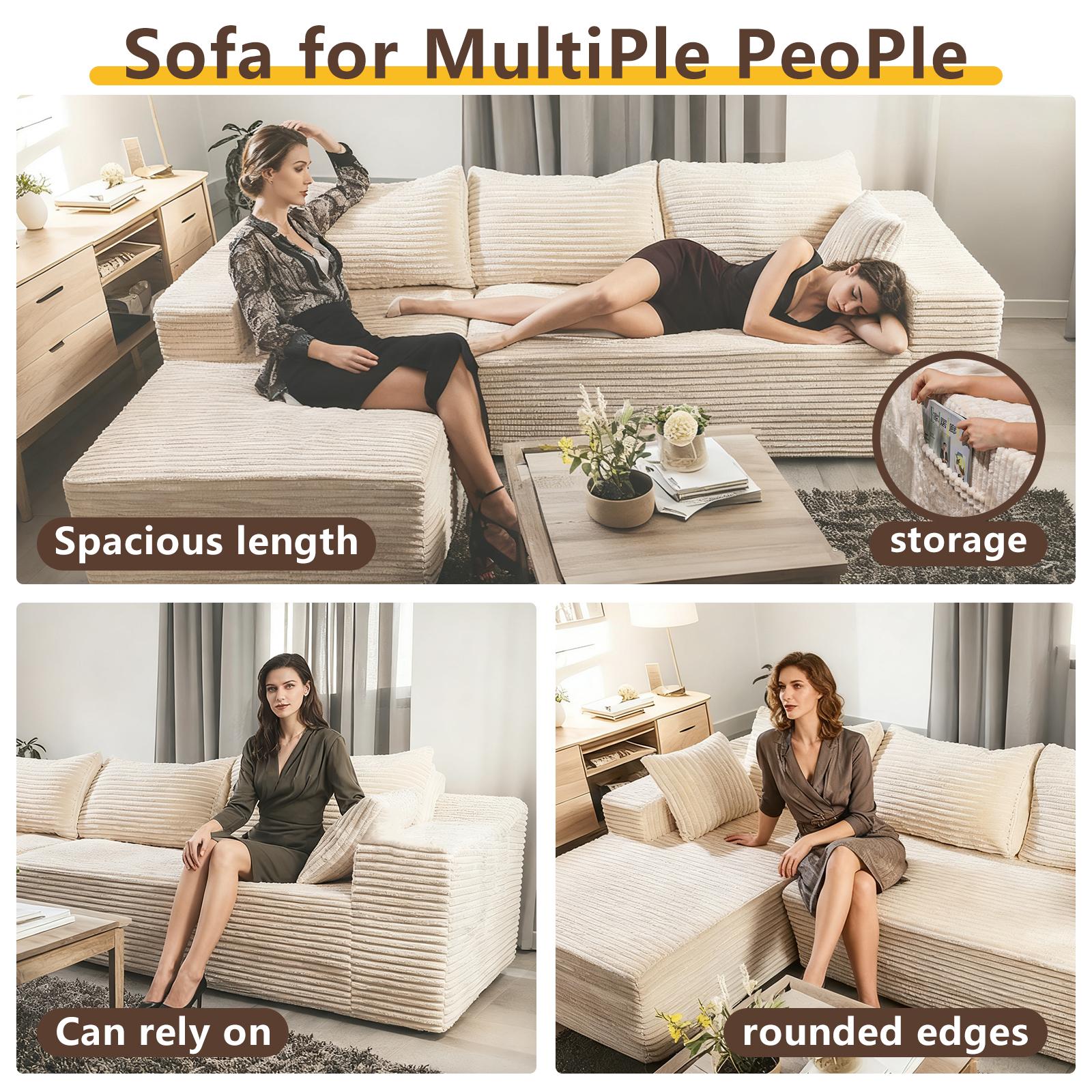 110" L-Shaped Sectional Sofa, Corduroy Chaise, Memory Foam, Modular Design, Living Room Storage