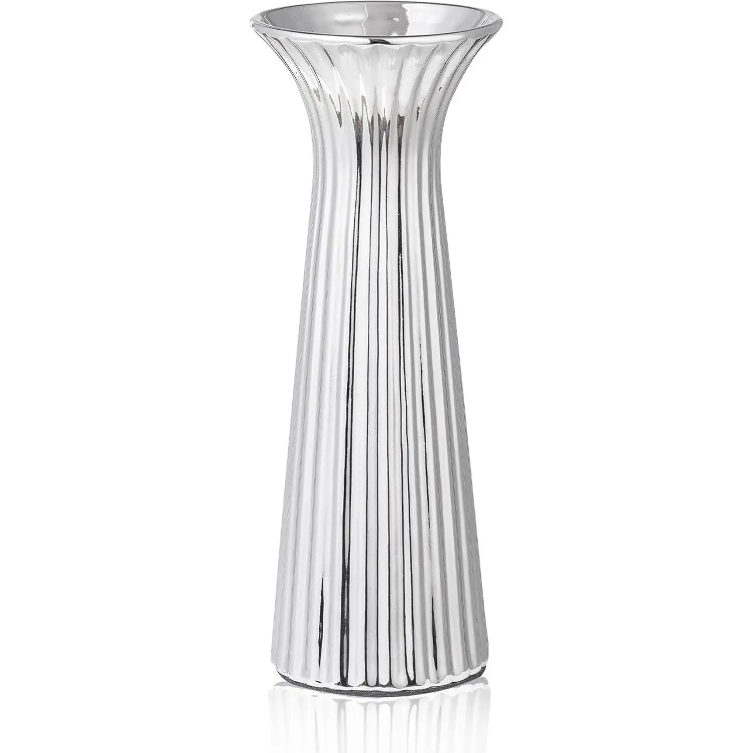 Silver Ceramic Vase for Home Decor, Small Ribbed Flower Vase for Pampas Grass, Modern Contemporary Decorative Vase for Coffee Table, Shelf, Kitchen, Living Room, Bedroom & Elegant Centerpiece