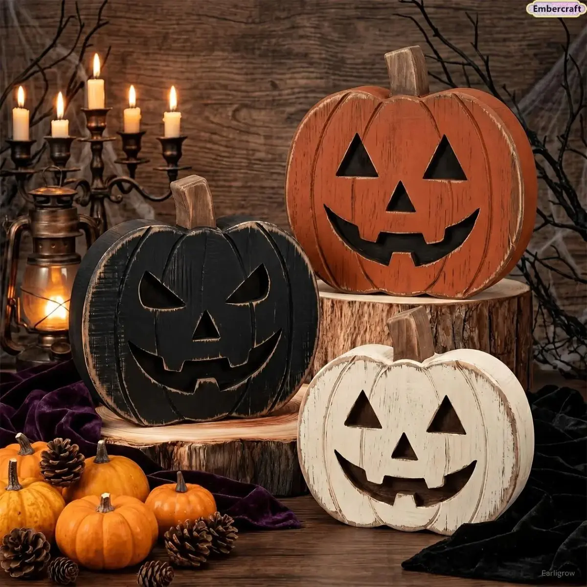 Viral Rustic Wooden Ghost & Pumpkin Table Signs | Aesthetic Spooky Season Tiered Tray Decor & Cute Ghost Face Ornaments | Festive Fall Home Accent for Coffee Bar Display, Mantel & Tabletop
