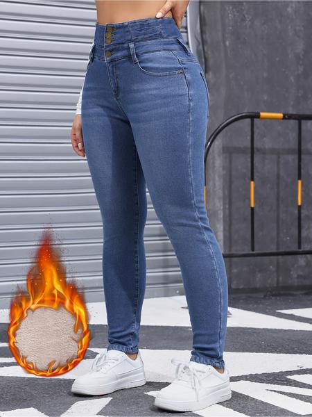 Women's Fleece-Lined Jeans, High Stretch Thick Denim For Winter, Slimming And Comfortable