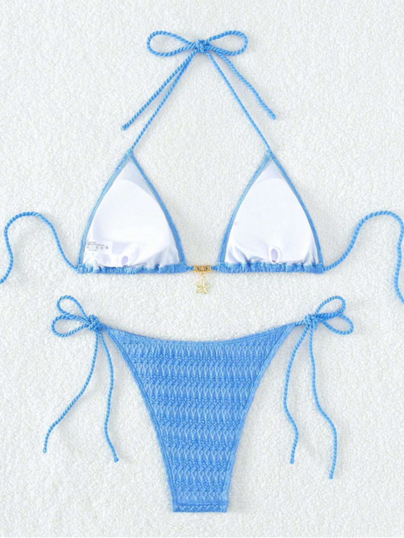 New Braided Triangle Cup Sexy Bikini, Fashion Luxury Metal Pendant Strap Split Tie Swimwear Set, Summer Beach Resort Swimsuit for Women, Summer Swimsuits