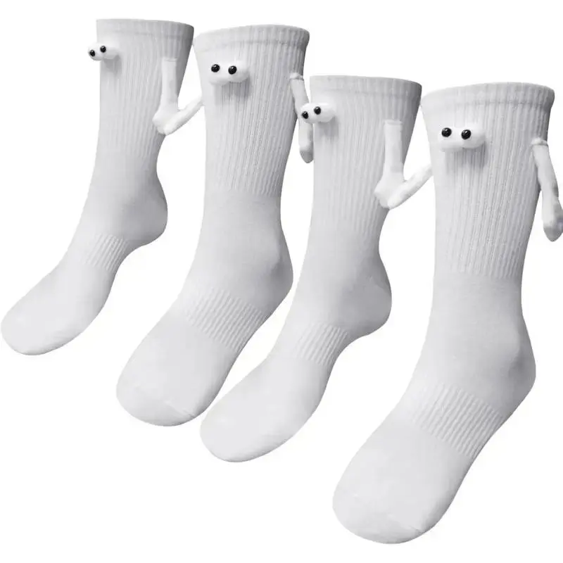 Unisex Cotton Magnetic Holding Hands Crew Socks - 4 Pairs, Magnetic Eyes Feature, Funny Novelty Design, Cute Party Gift for Couples White Elephant Present