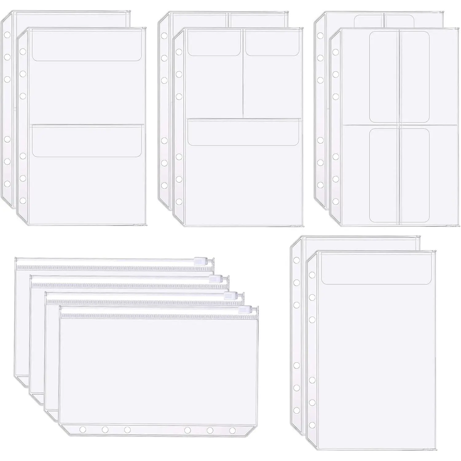 Binder Pockets, 12 count A5 Size 6 Holes Binder Pockets, [ PVC Pouch]  Clear Binder Zipper Folders Document Filing Bags for 6-Ring Notebook Binder Loose Leaf Bags,-Clear