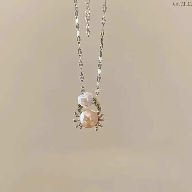 Women Sterling Silver Crab Heart Pearl Pendant Necklace, Hypoallergenic Trendy Cancer Zodiac Jewelry, Cute Beach Themed Accessory Gift for Women Daily Wear