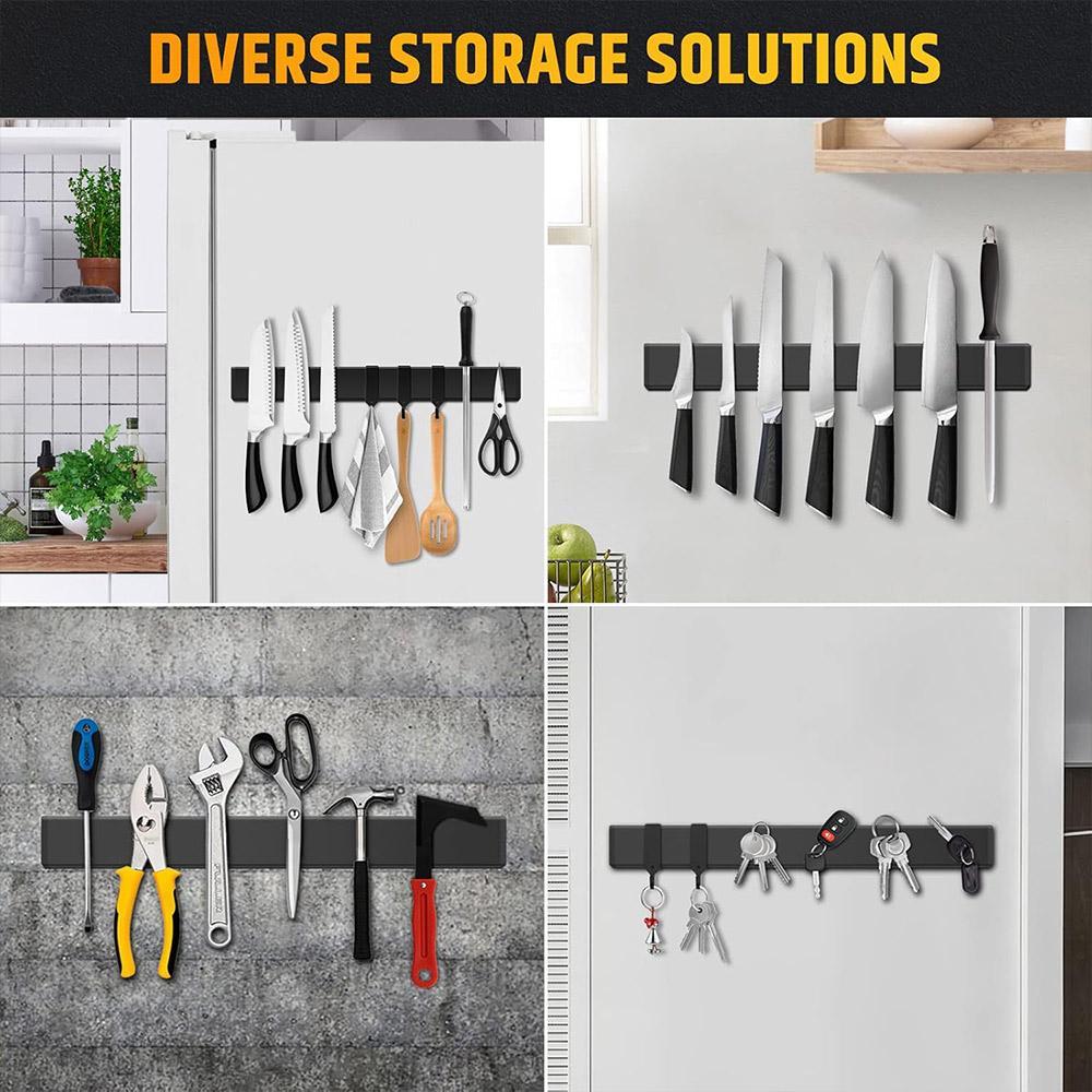 Wall Mounted Magnetic Knife Holder, 1 Count Knife Storage Rack with 3 Hooks without Knife, Knife Block for Kitchen, Kitchen Utensil Organizer