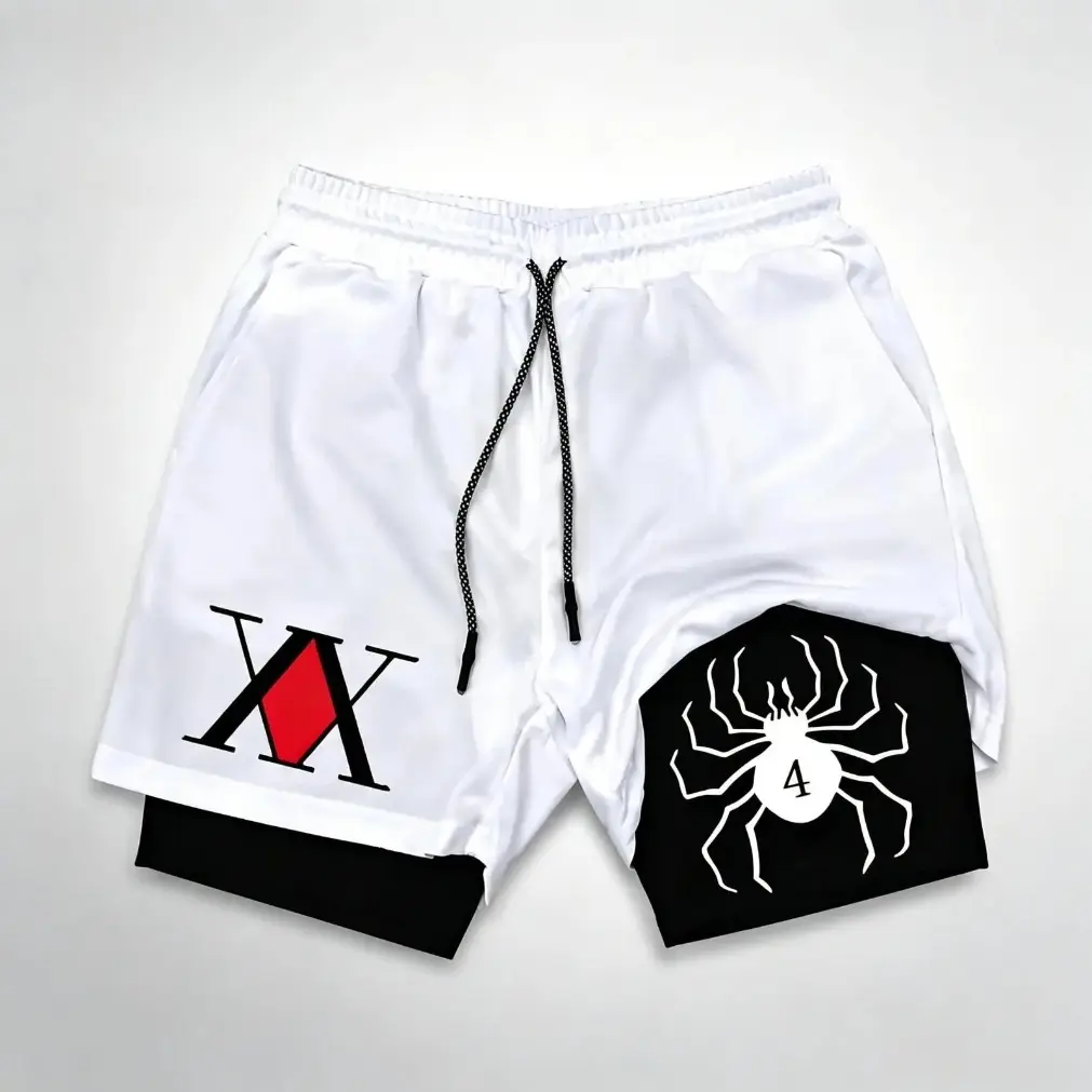Anime Fighter Inspired 2 in 1 Running Shorts – Manga Graphic Athletic Shorts, Quick Dry Compression Liner Gym Workout Shorts, Streetwear Training Activewear for Men & Women