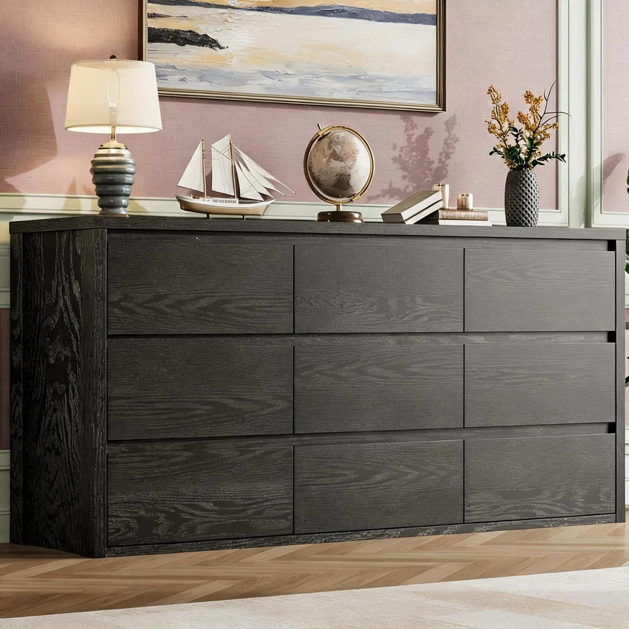 9 Drawer Wide Dresser for Bedroom, Modern Wooden Chest of Drawers, Spacious Clothes & Accessories Storage Organizer, Sturdy Freestanding Unit for Living Room Hallway Entryway