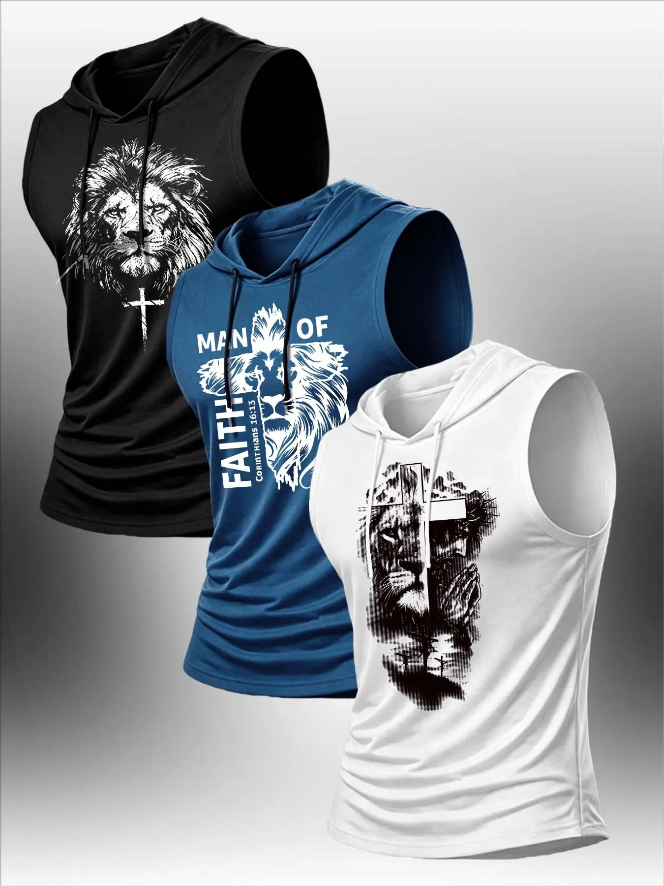 Men's Summer Casual Hooded Tank Top Set, Lion Pattern Print, Loose-Fitting, Sleeveless Sports Tops, Sport Vests, Sleeveless Sports Wear, Ideal for Outdoor Activities and Fitness
