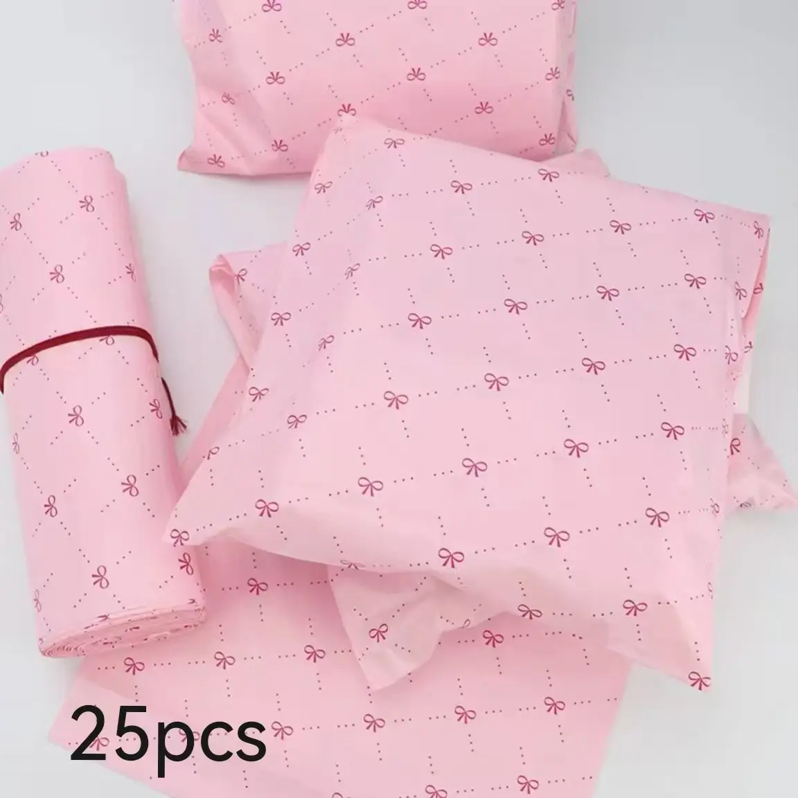 25pcs Bow Waterproof Shipping Bags with Self-Adhesive Labels, Durable Plastic Mailer Bags, Perfect for Clothing and Gift Packaging