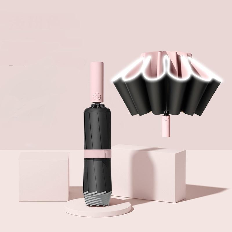 Waterproof Windproof 10-Rib Travel Compact Foldable Automatic Umbrella, 1 Count Safety Umbrella with Reflective Strip, Automatic Folding Umbrella