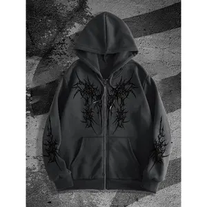Men'S Gothic Dark Style Print Zip-Up Hoodie, Fashionable Street Style Zip-Up Hoodie for Casual Occasions, Perfect Choice for Trendy Outfits, New Arrival for Autumn