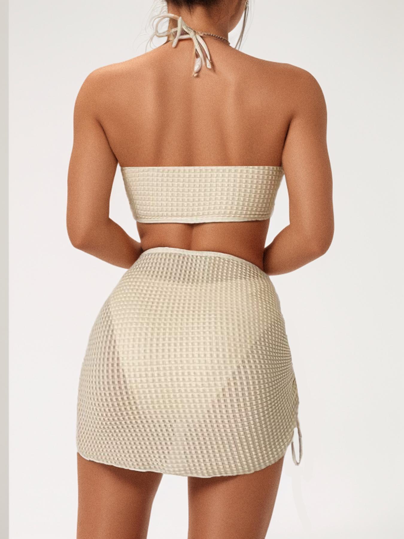 Women's 3pcs Solid Criss Cross Halter Tie Back Bra & High Cut Panty & Drawstring High Waist Sheer Skirt Swimsuit Set, Textured Swim Bra & Swim Panty & Swim Skirt, Summer Beach Party Swimwear Set for Women, Bikini Swimsuit