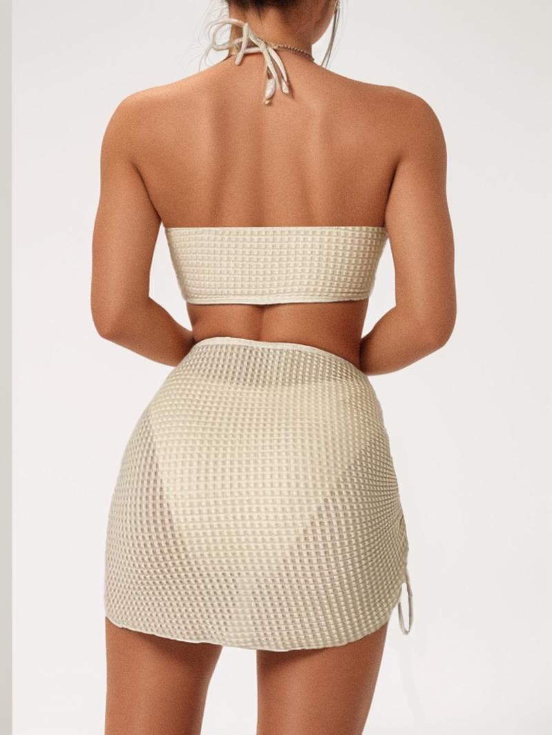 Women's 3pcs Solid Criss Cross Halter Tie Back Bra & High Cut Panty & Drawstring High Waist Sheer Skirt Swimsuit Set, Textured Swim Bra & Swim Panty & Swim Skirt, Summer Beach Party Swimwear Set for Women, Bikini Swimsuit