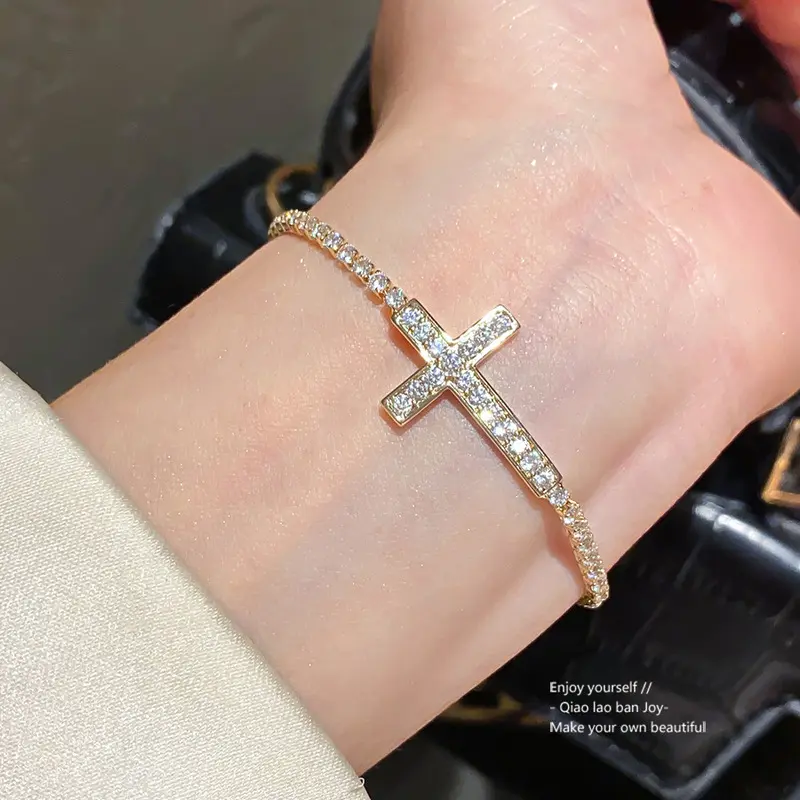 Sparkly CZ Cross Tennis Bracelet, Adjustable Iced Out Religious Cross Bracelet Gold Silver Tone Daily Party Hip‑Hop Jewelry