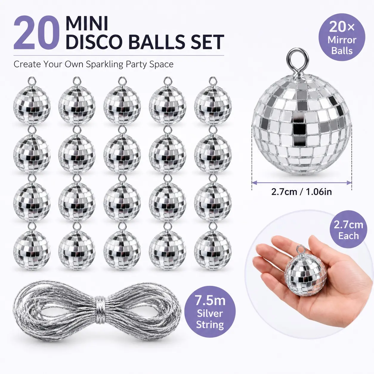 20 Mini Disco Balls Decorations, 2.7cm Mirror Balls with 7.5m Silver Color String, DIY Hanging Ornaments for Parties, Weddings, Christmas