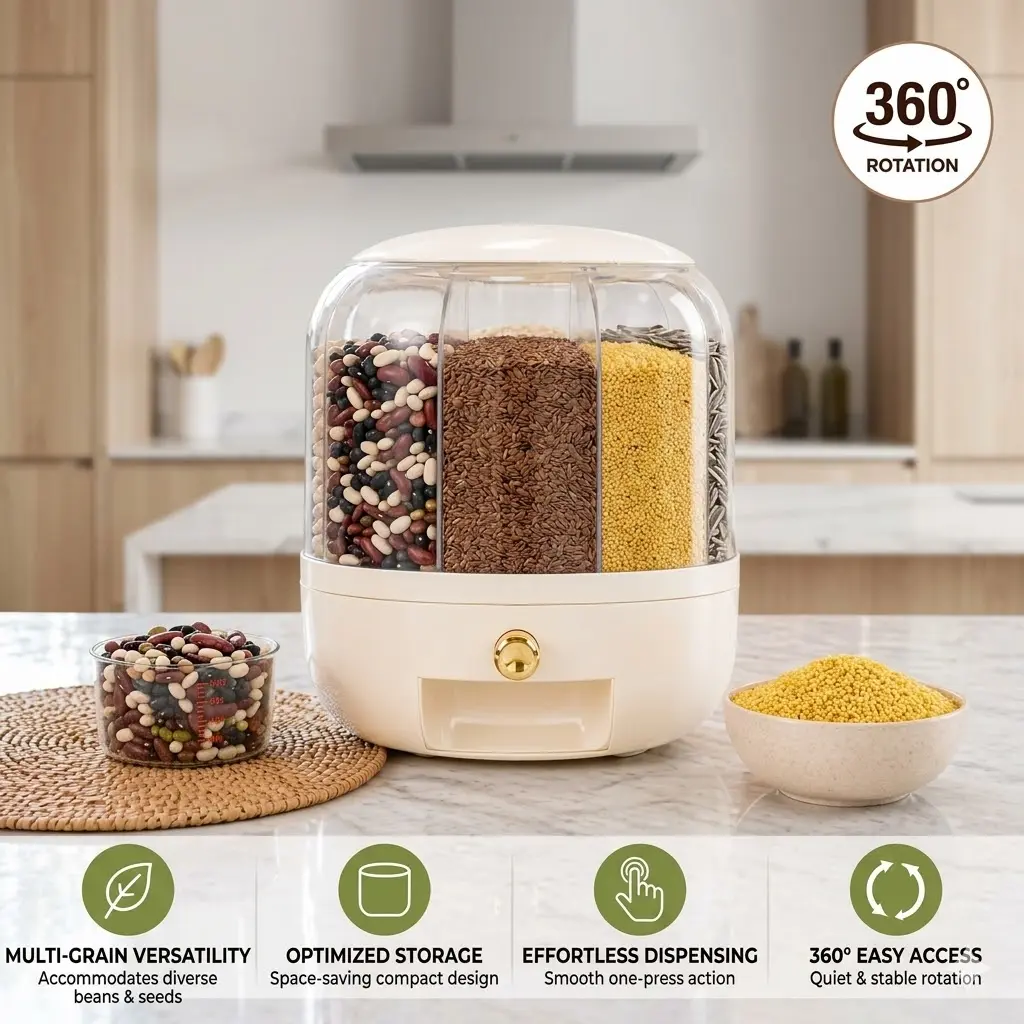 1-Pack Rotating Grain Dispenser with Flip-Top Lid And Rotating Spout - Large Capacity Multi-Compartment Airtight Storage Bucket Suitable for Rice, Cereals, Small Grains, Candy, Snacks - Moisture-Proof And Pest-Resistant Plastic Pantry Organizer
