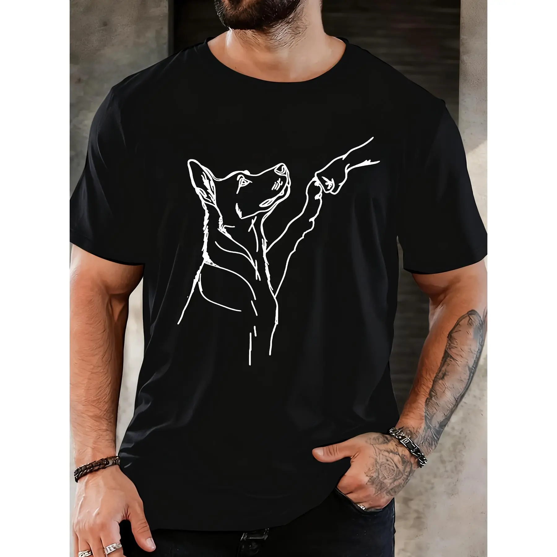 Men's German Shepherd Graphic T-Shirt - Soft Black Crew Neck Tee with White Dog Silhouette Design, Casual Short Sleeve for All Seasons, Comfortable Casual Attire